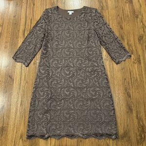 Garnet Hill Lace Dress Womens 8 Brown Knee Length Formal 3/4 Sleeve Stretch